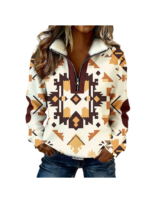 Women's Cream Aztec Sweatshirt Geometric Pattern Quarter Zip Fleece Pullover Stand Collar Casual Retro Warm Winter Tops Multicolor,S