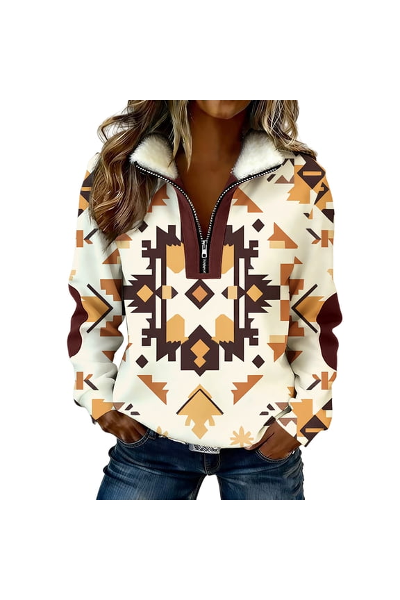 Women's Cream Aztec Sweatshirt Geometric Pattern Quarter Zip Fleece Pullover Stand Collar Casual Retro Warm Winter Tops Multicolor,XXL