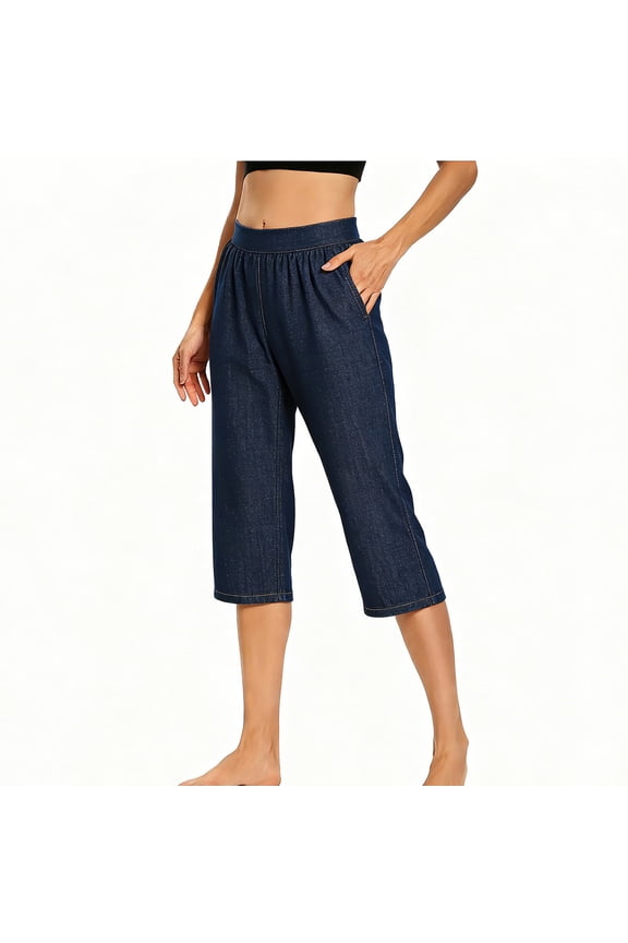 Women's Drawstring Denim Capris Elastic Waist Summer Crops Soft Chambray Pants with Pockets Dark Blue,XL