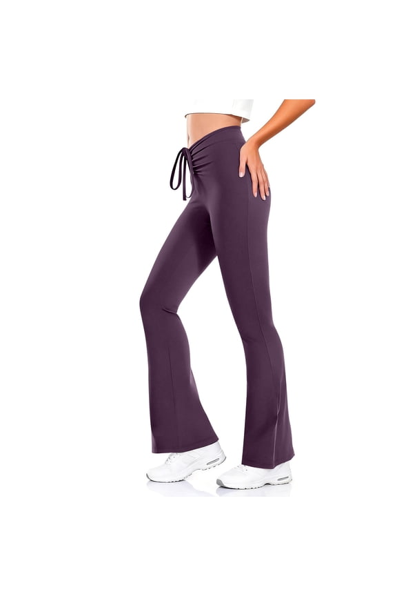 Women's Flare Yoga Pants High Waisted Crossover Ruched Waist Leggings Bootcut Workout Pants Soft Stretchy Trousers with Split Hem Purple,XL