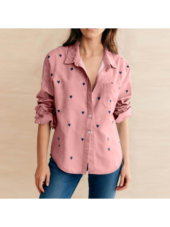 Women's Heart Print Denim Shirt Long Sleeve Button Down Blouse Casual Collared Top Cute Love Pattern Jacket Lightweight Fashion Wear