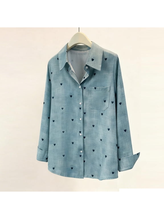 Women's Heart Print Denim Shirt Long Sleeve Button Down Blouse Casual Collared Top Cute Love Pattern Jacket Lightweight Fashion Wear