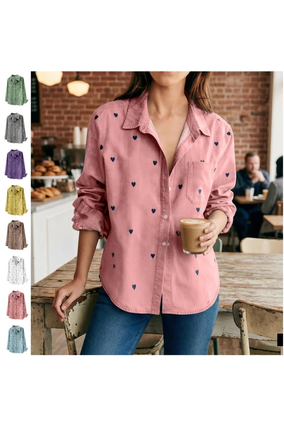Women's Heart Print Denim Shirt Long Sleeve Button Down Blouse Casual Collared Top Cute Love Pattern Jacket Spring Summer Fashion Wear