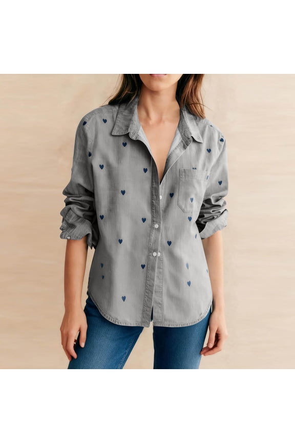 Women's Heart Print Denim Shirt Long Sleeve Button Down Blouse Casual Collared Top Cute Love Pattern Jacket Spring Summer Fashion Wear
