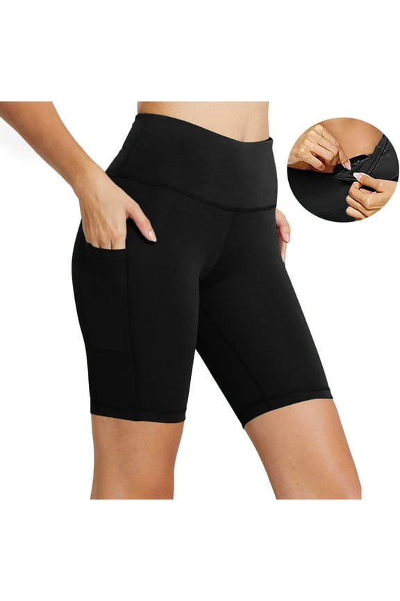 Women's High Waist Biker Shorts with Pockets Tummy Control Workout Yoga Running Spandex Shorts Black,L
