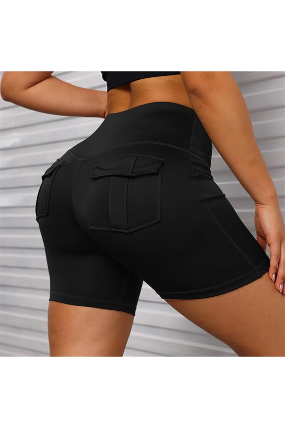 Women's High Waisted Biker Shorts with Cargo Pockets Tummy Control Yoga Workout Shorts Spandex Running Bottoms Black,M