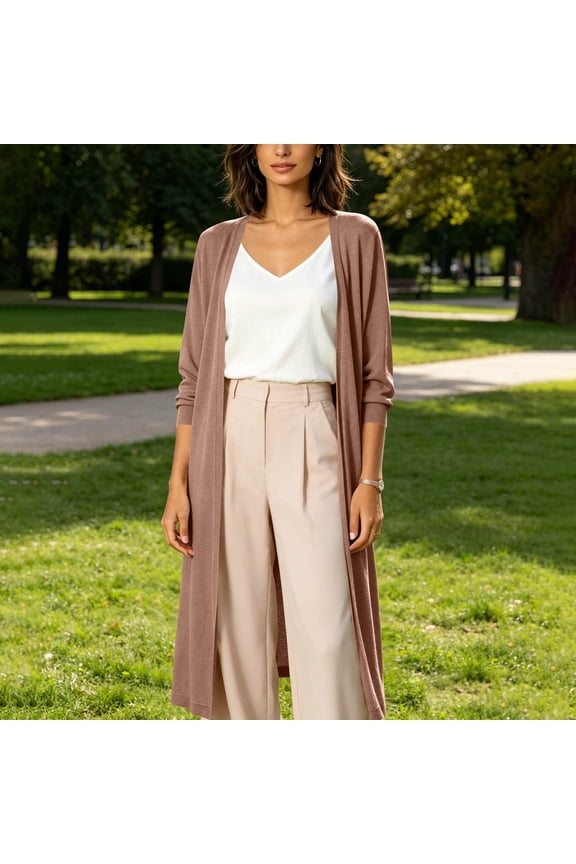 Women's Long Cardigan Duster Open Front Lightweight Knit Sweater 3/4 Sleeve Casual Layering Piece Spring Fall Longline Coat