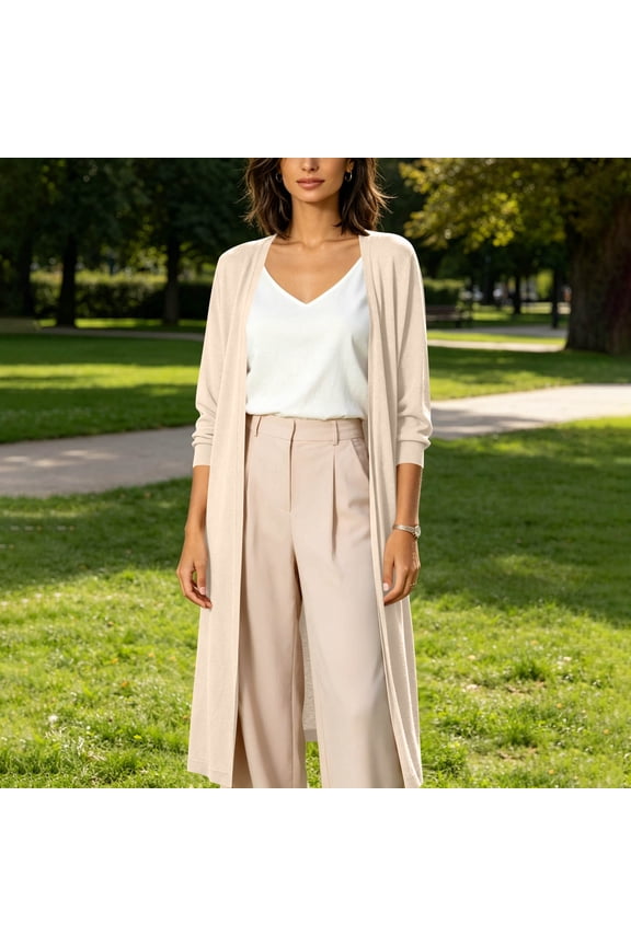 Women's Long Cardigan Duster Open Front Lightweight Knit Sweater 3/4 Sleeve Casual Layering Piece Spring Fall Longline Coat