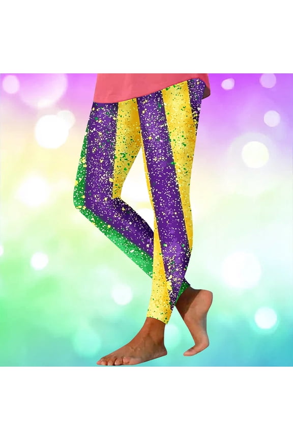 Women's Mardi Gras Leggings Paint Splatter Stripe Print Artistic Yoga Pants Abstract Holiday Tights Yellow,XL