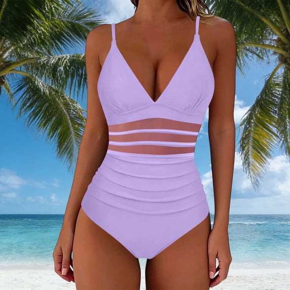 Maqroz Women's One Piece Swimsuit Tummy Control Deep V Neck Bathing Suit Mesh Stripes Monokini Swimwear Beach Pool Party Trendy Summer Beachwear
