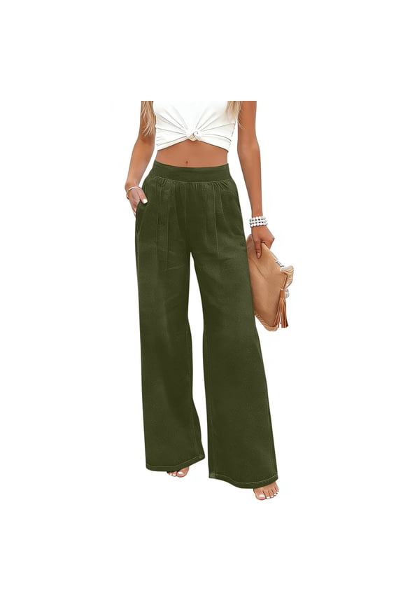 Women's Pleated Wide Leg Pants Olive Green High Waist Palazzo Trousers Flowy Lounge Bottoms with Pockets Army Green,S