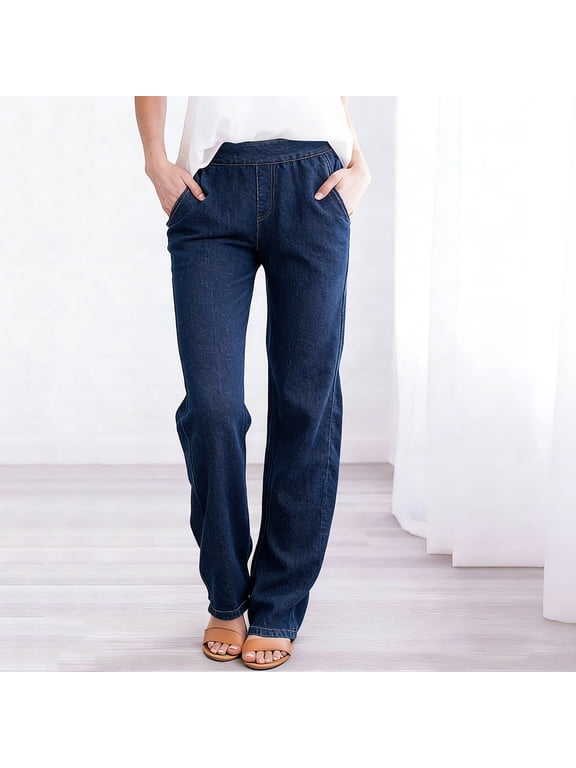 Women's Pull On Jeans Elastic Waist Straight Leg Denim Pants Stretchy Casual Trousers with Pockets Dark Blue,L