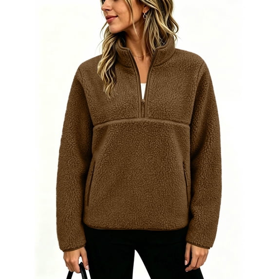 Maqroz Women's Quarter Zip Fleece Pullover Sweaters Long Sleeve Fuzzy Sherpa Tops Winter Warm Outerwear Jackets Clothes with Convenient Pockets
