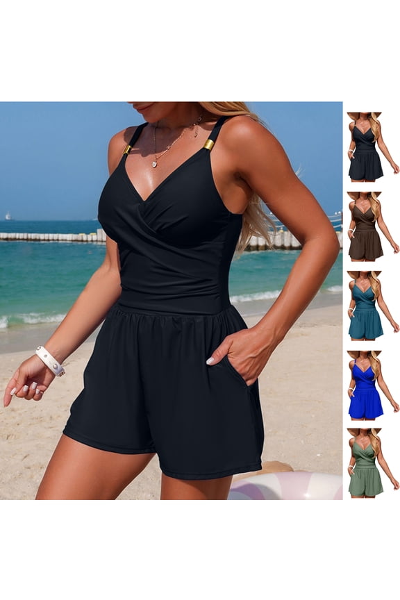Women's Romper Swimsuits Wrap Front One Piece with Shorts Pockets Tummy Control Black,XXL