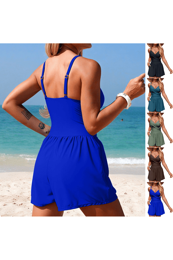 Women's Romper Swimsuits Wrap Front One Piece with Shorts Pockets Tummy Control Blue,XL