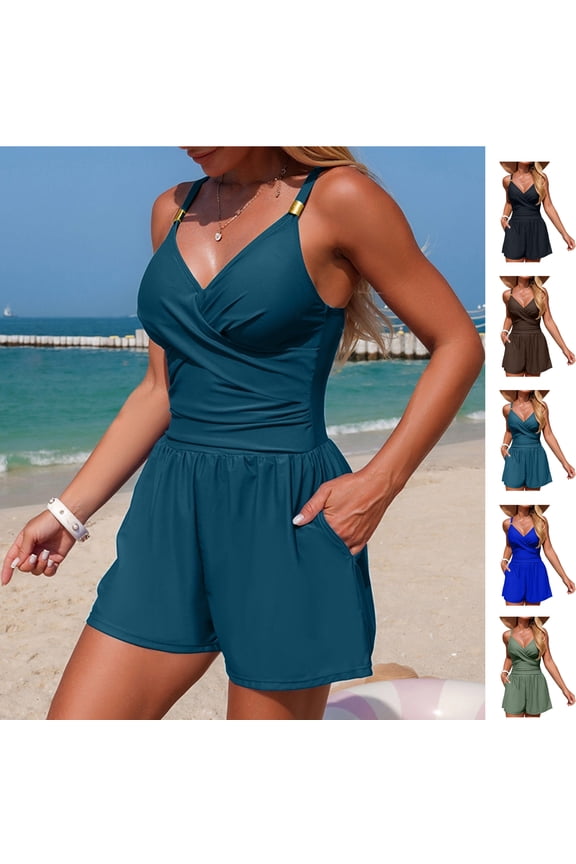 Women's Romper Swimsuits Wrap Front One Piece with Shorts Pockets Tummy Control Navy,XXL
