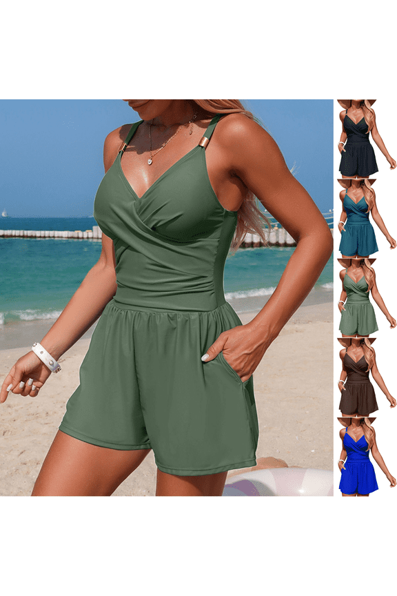Women's Romper Swimsuits Wrap Front One Piece with Shorts Pockets Tummy Control