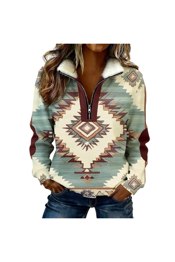 Women's Sage Western Sweatshirt Aztec Diamond Graphic Quarter Zip Fleece Pullover Stand Collar Casual Warm Retro Soft Tops Multicolor,L