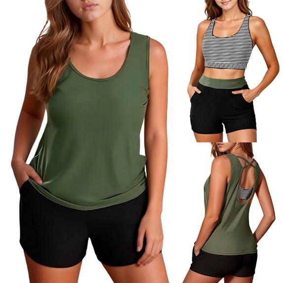 Maqroz Women's Scoop Neck Tankini and Shorts Set Two Piece Swimsuit Athletic Bathing Suit with Cross Back Strap Design, Active Lifestyle Swimwear for Beach Jogging Paddle Boarding Adventures