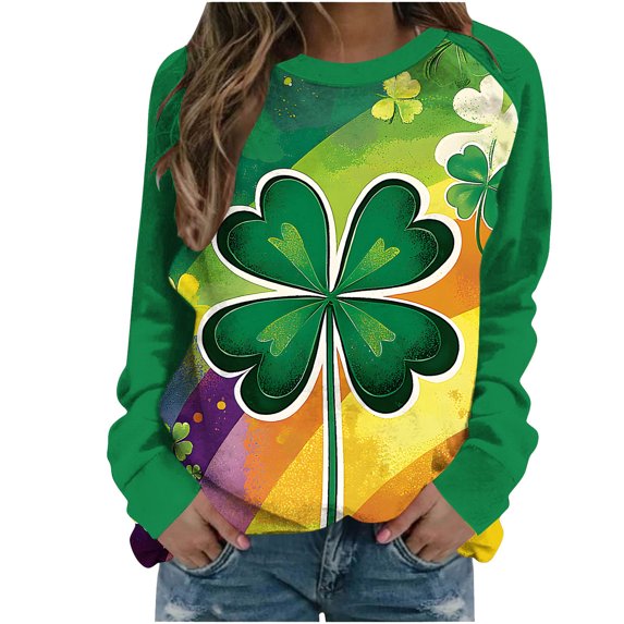 Maqroz Women's St Patricks Day Raglan Top Abstract Background Clover Shirt Colorful Graphic Tee Green Sleeve Green,L