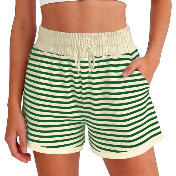 Maqroz Women's Striped Shorts Elastic Waist Casual Summer Beach Bottoms with Pockets Black White Green,M