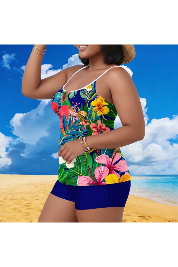 Women's Tropical Hibiscus Print Tankini Sets Colorful Floral 2 Piece Swimsuits Blue,XXL