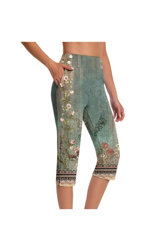 Women's Vintage Floral Capris High Waisted Button Detail Pants Stretchy Summer Casual Crops Multicolor,XXL