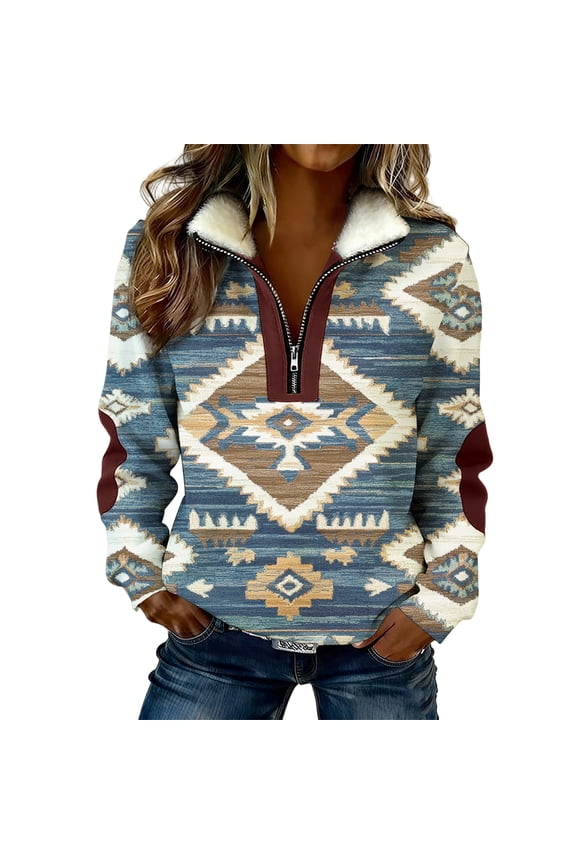 Women's Western Aztec Quarter Zip Sweatshirt Geometric Graphic Fleece Pullover Stand Collar Long Sleeve Casual Retro Cowboy Tops Multicolor,XXXL