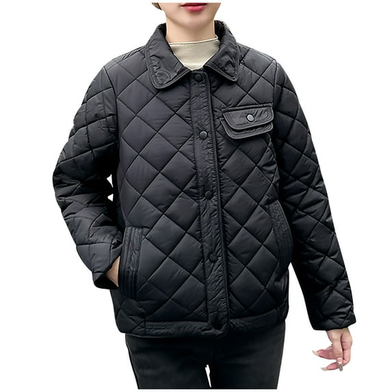 Maqroz Women's Winter Quilted Jackets Thick Down Coats Long Sleeve Button Down Parka Jacket Lapel Collar Zip Up Warm Barn Coats with Pockets Outerwear, Black M