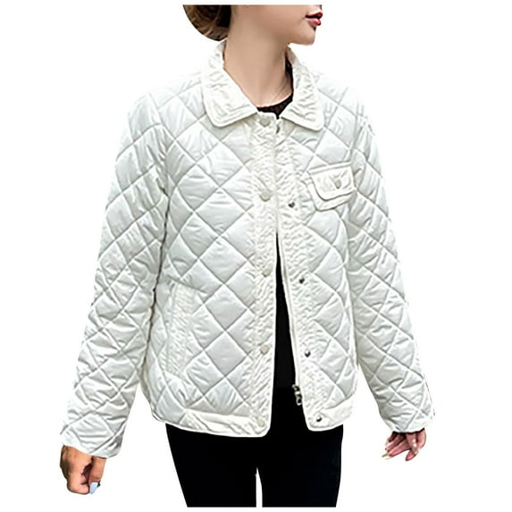 Maqroz Women's Winter Quilted Jackets Thick Down Coats Long Sleeve Button Down Parka Jacket Lapel Collar Zip Up Warm Barn Coats with Pockets Outerwear, White XL