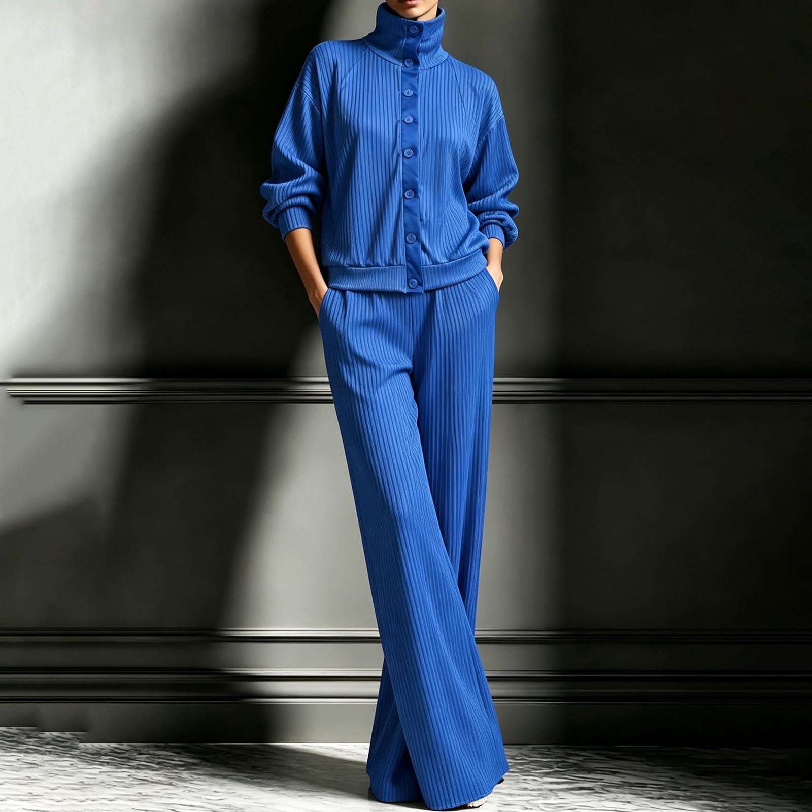 Maqroz Womens 2 Piece Outfits Long Sleeve Button Down Shirts Wide Leg ...
