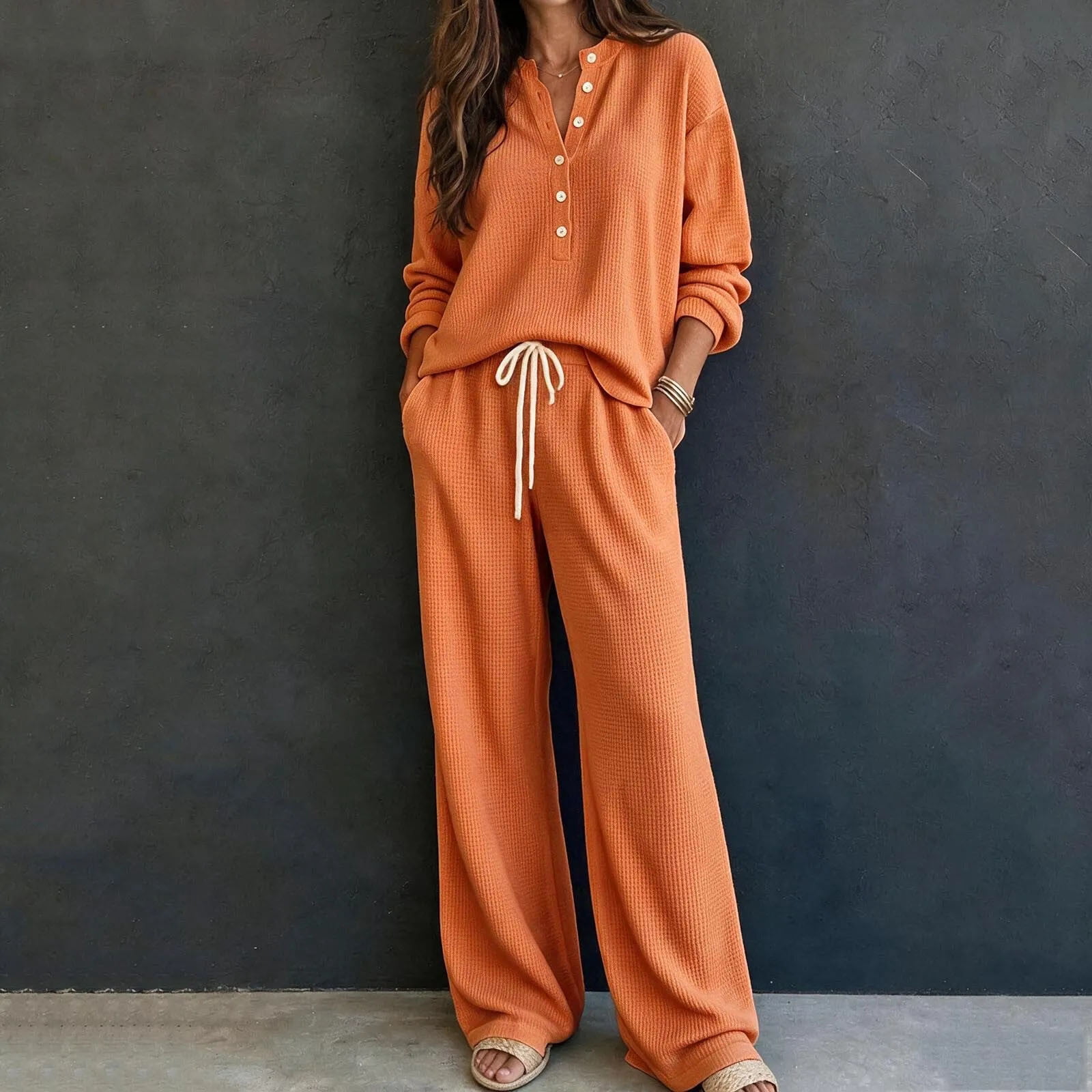 Drawstrigns Maqroz Womens 2 Piece Outfits Long Sleeve Button Shirts and Wide Leg ...