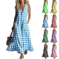 thumbnail image 1 of Maqroz Womens Button Down Sleeveless Pocket Cotton Linen Plaid Long Maxi Dress Casual Summer Beach Sundress Blue XXL, 1 of 7