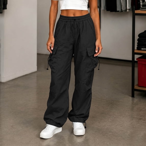 Maqroz Womens Cargo Pants Baggy Y2K Parachute Sweats Wide Leg High Waisted Outdoor Trousers Streetwear Bottoms for Hiking with Adjustable Cuffs