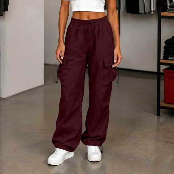 Maqroz Womens Cargo Pants Baggy Y2K Parachute Sweats Wide Leg High Waisted Outdoor Trousers Streetwear Bottoms for Hiking with Adjustable Cuffs