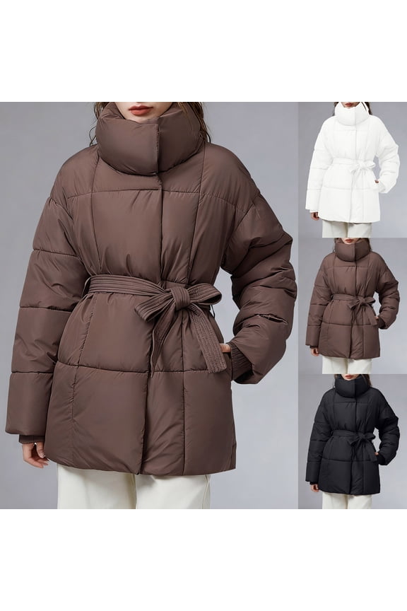 Womens Casual Coat Padded Stand Collar Jacket Thicken Quilted Down Coats Stylish Tunic Jackets Fall Winter Warm Outerwear with Belt