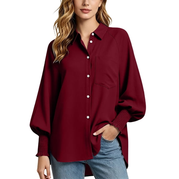 Maqroz Womens Casual Shirts Long Sleeve Button Down Tops Drop Shoulder High Low Hem Blouses with Shirred Cuffs Vintage Streetwear