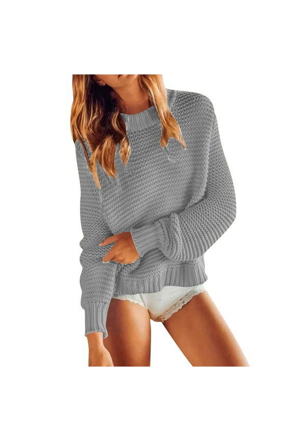 Womens Crochet Sweater Long Sleeve Crewneck Sweaters Casual Loose Fitting Pullover Comfortable Knitting Pullovers Fall Winter Solid Color Top