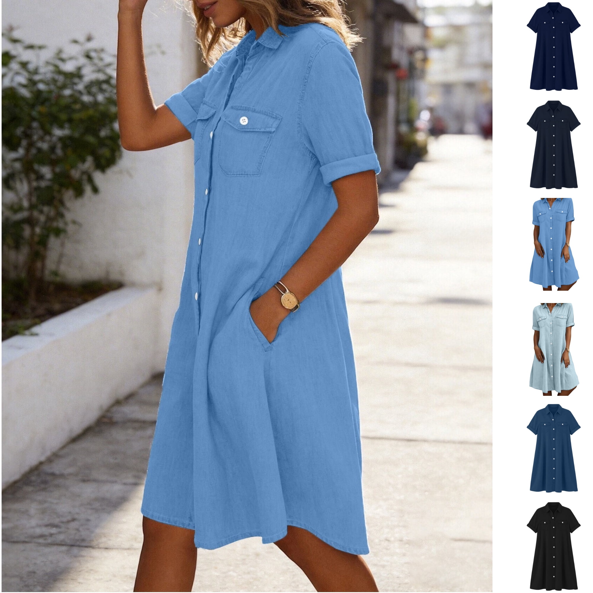casual short sleeve denim dress Ready to Charm Medium Wash Short Sleeve Denim Mini Dress