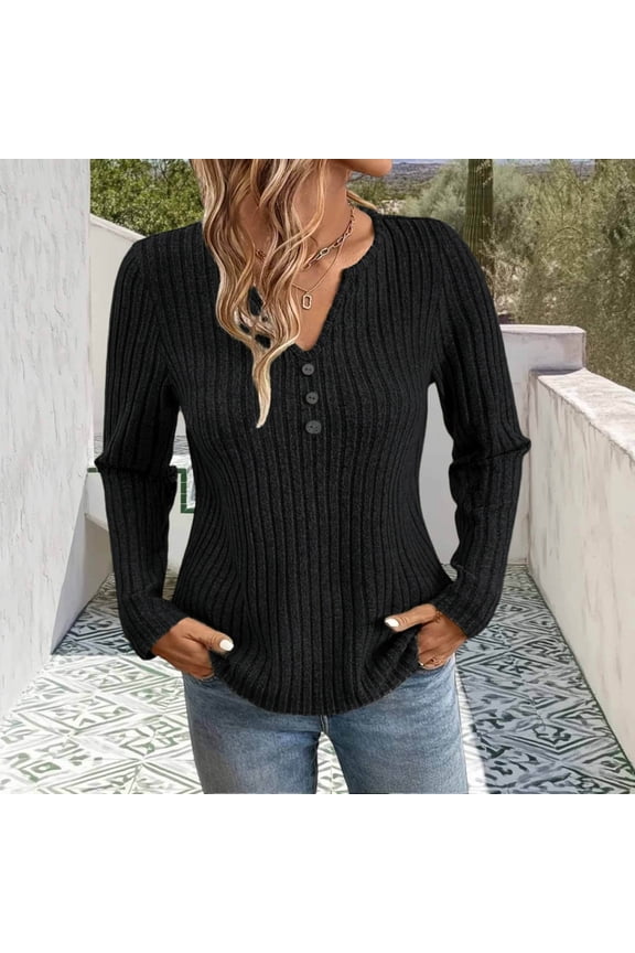 Womens Fall Fashion Henley Sweaters V Neck Button Down Placket Long Sleeves Ribbed Knit Pullover Basic Slouchy Jumper Casual Tops Ladies Daily Wear