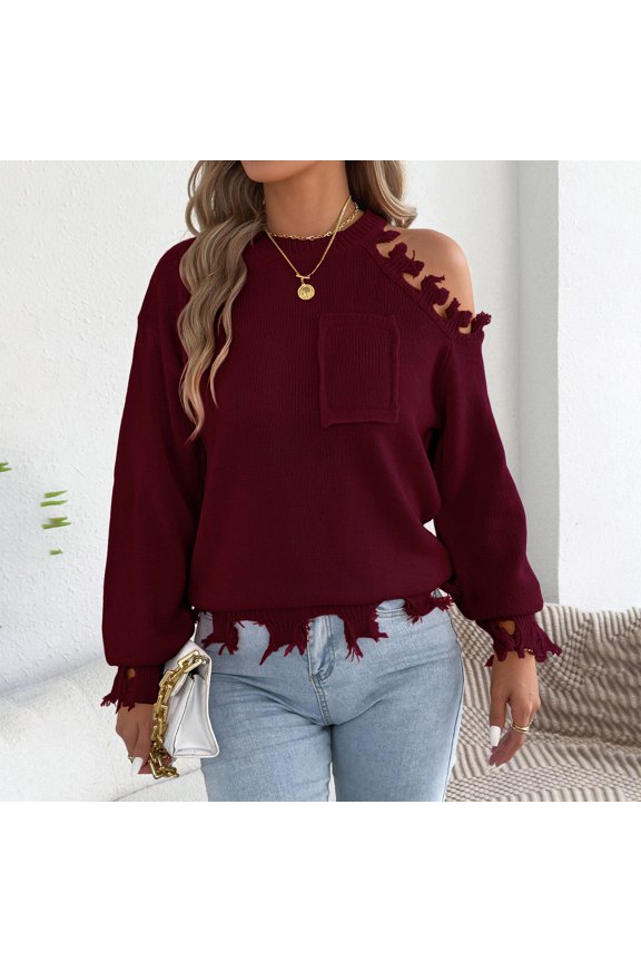 Womens Fall Fashion Pullover Sweaters Distressed Ripped Hem Detail One Cold Shoulder Cutout Chest Pocket Long Sleeves Streetwear