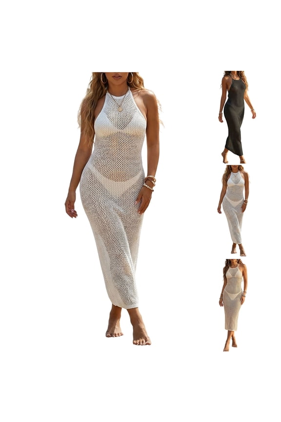 Womens Fishnet Cover Up Dress Halter Neck Long Beach Swimsuit Coverups Sleeveless Maxi Dress Sheer Mesh Bodycon Swimwear