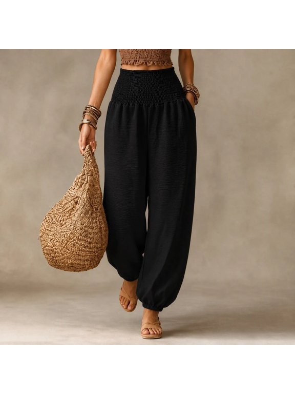 Womens Harem Pants Baggy Wide Leg Trousers High Smocked Waist Casual Lounge Bottoms Boho Hippie Fashion Streetwear Clothes Everyday Clothing