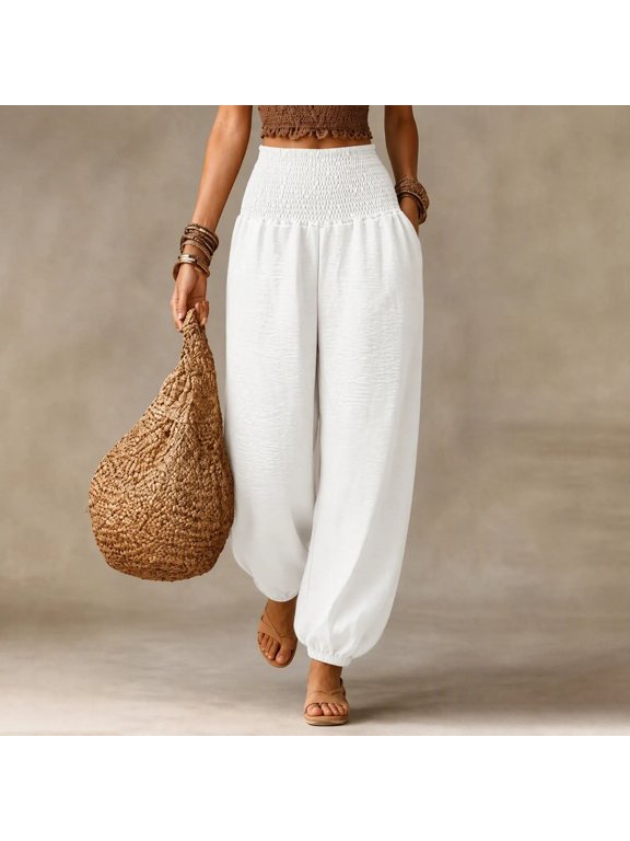 Womens Harem Pants Baggy Wide Leg Trousers High Smocked Waist Casual Lounge Bottoms Boho Hippie Fashion Streetwear Clothes Everyday Clothing
