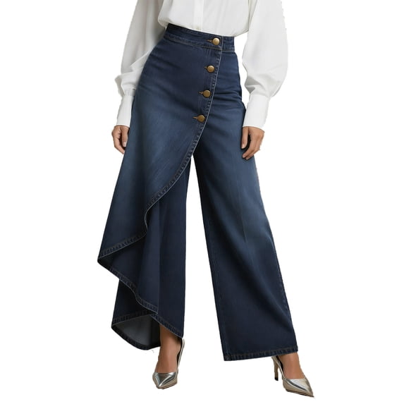 Maqroz Womens High Waisted Flowy Asymmetrical Wrap Flowy Baggy Denim Pants Button Down Detail Jeans Trendy Stretch Loose Fit Fashion Skirted Jeans for Spring Summer Dark Blue XL