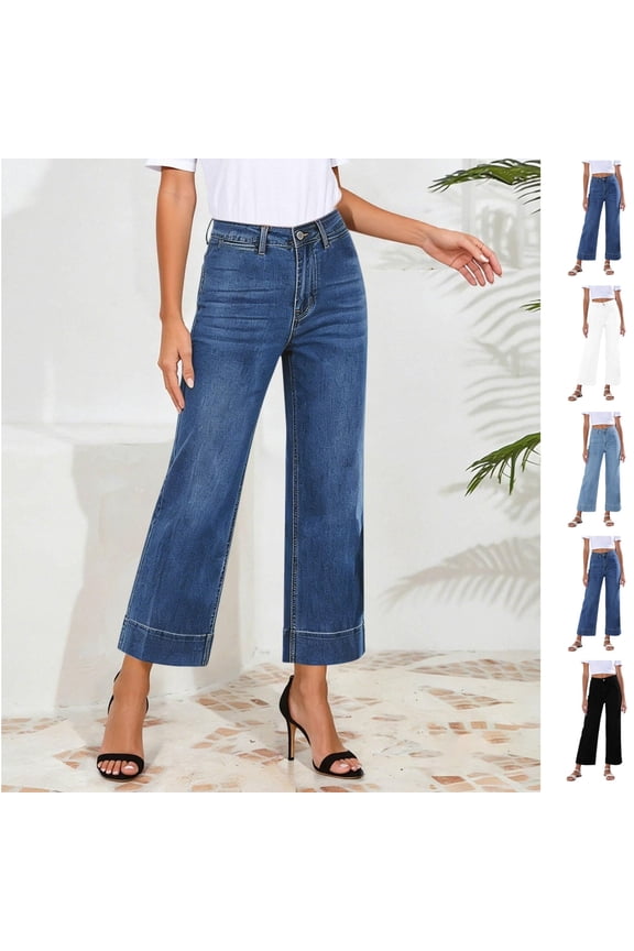 Womens High Waisted Wide Leg Jeans Lightweight Summer Fashion Clothing Relaxed Silhouette Everyday Casual Wear with Pockets