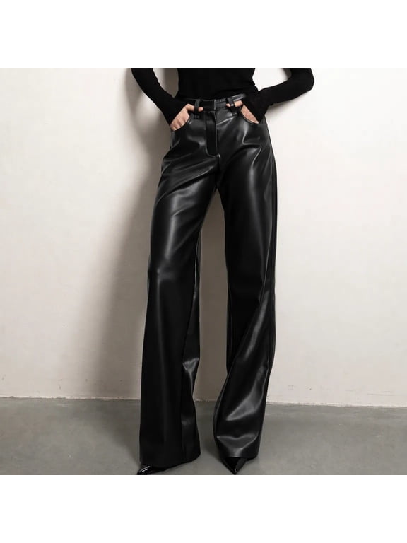 Womens Leather Pants Wide Leg Faux Pu Straight Casual High Waist Trousers Vintage Classic Streetwear Fashion Party Clubwear with Pockets