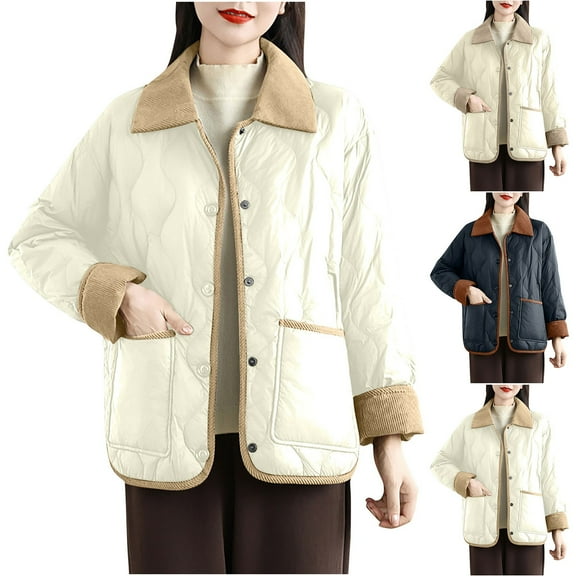 Maqroz Womens Lightweight Quilted Jackets Button Down Winter Coats Casual Jackets Warm Comfy Outerwear Lapel Neck Cardigan with Pockets, Beige XL