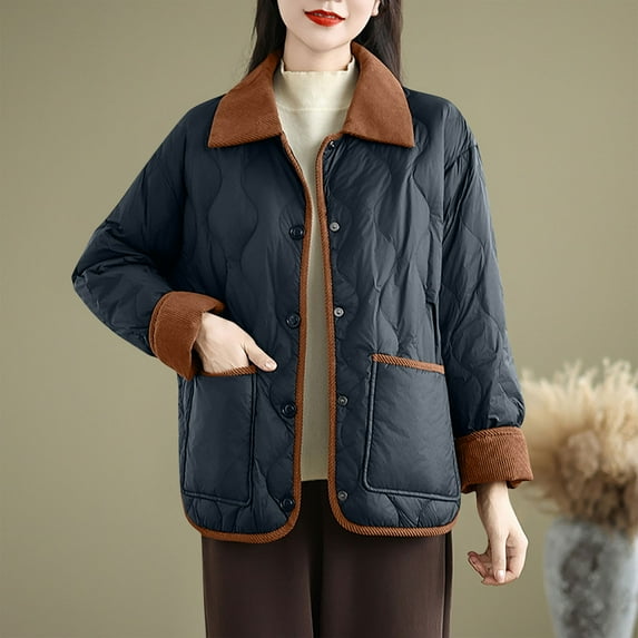 Maqroz Womens Lightweight Quilted Jackets Button Down Winter Coats Casual Jackets Warm Comfy Outerwear Lapel Neck Cardigan with Pockets, Black L