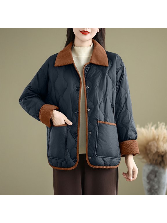 Womens Lightweight Quilted Jackets Button Down Winter Coats Casual Jackets Warm Comfy Outerwear Lapel Neck Cardigan with Pockets, Black L
